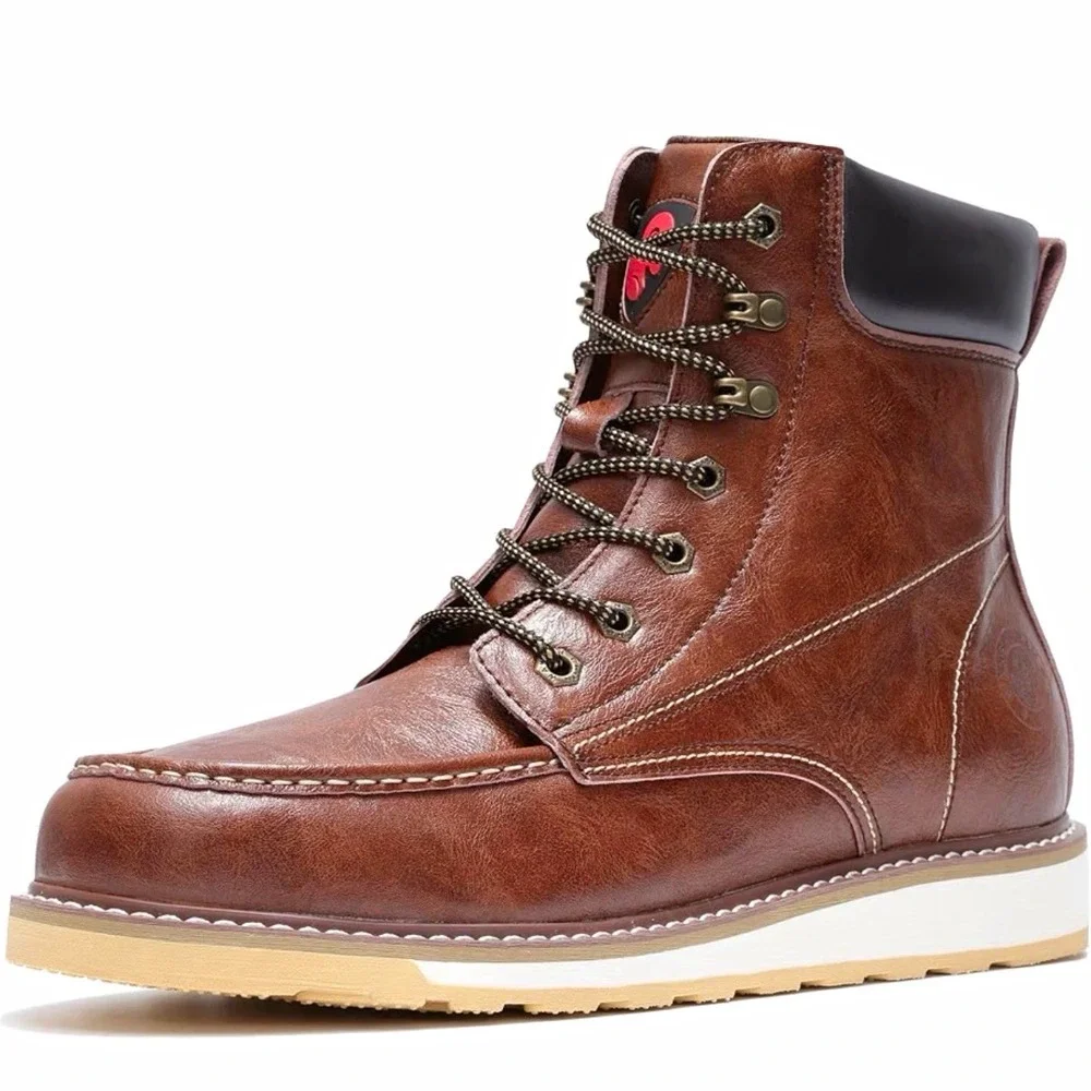Brown Lace-Up 8.5  Toe Work Boots, Non-Slip Sole, Water-Resistant safety shoes